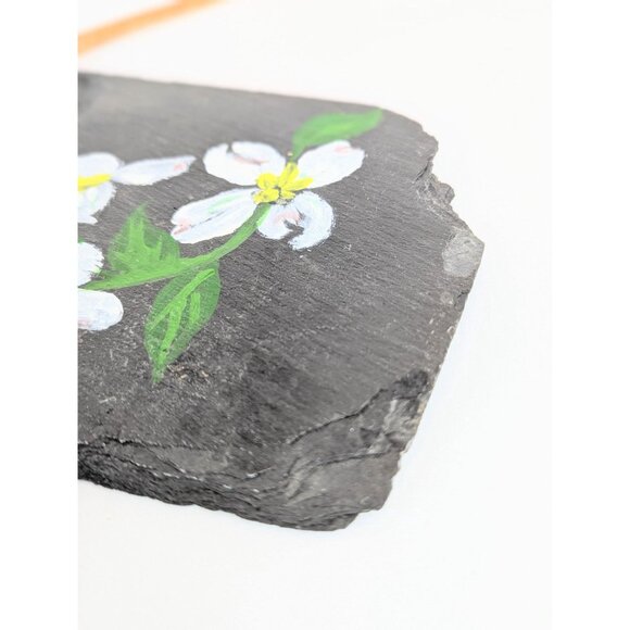Large Hand-Painted Gray Slate Wall Hanging Art White Dogwood Flowers Rustic Boho - Picture 4 of 10